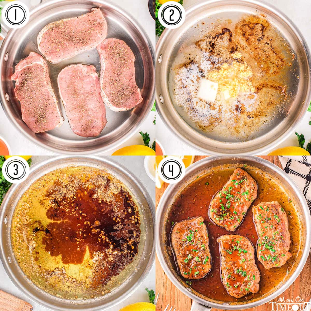 four image collage showing how to make honey garlic pork chops in a skillet.