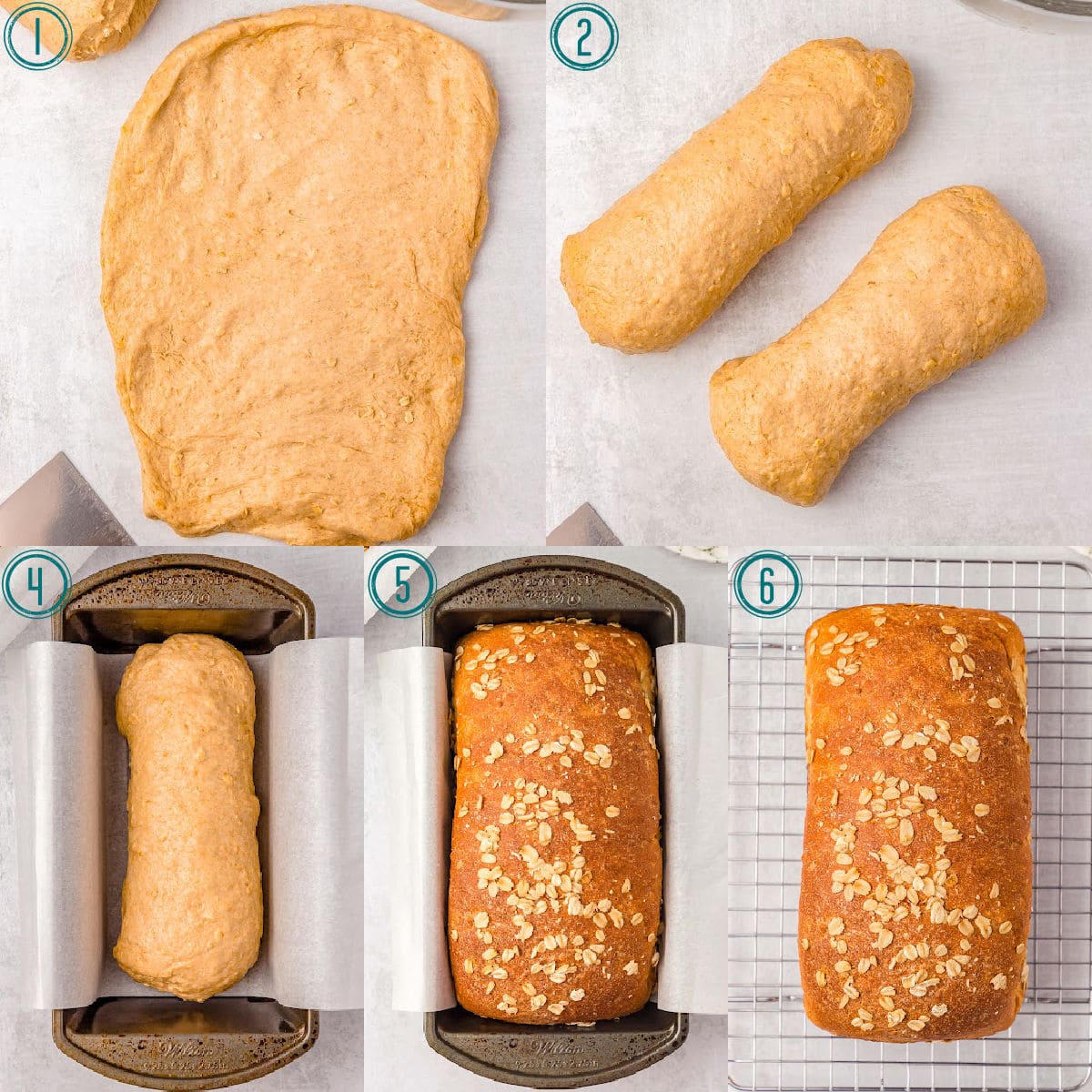 five image collage showing how to roll out and bake two loaves of whole wheat bread.