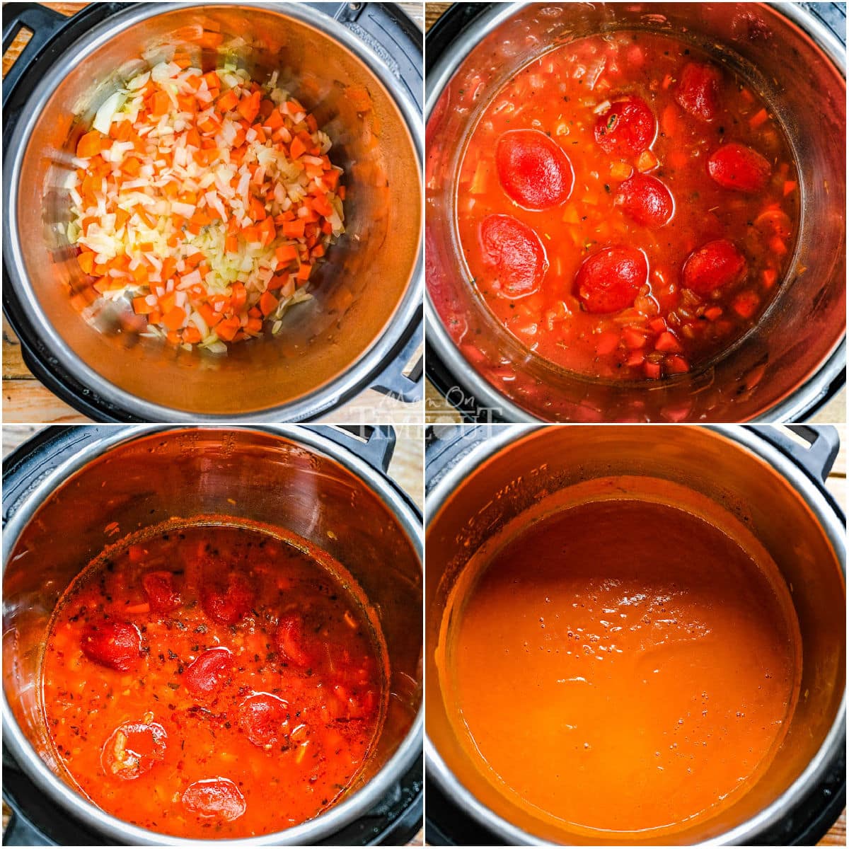 four image collage showing how to make tomato soup in a pressure cooker.