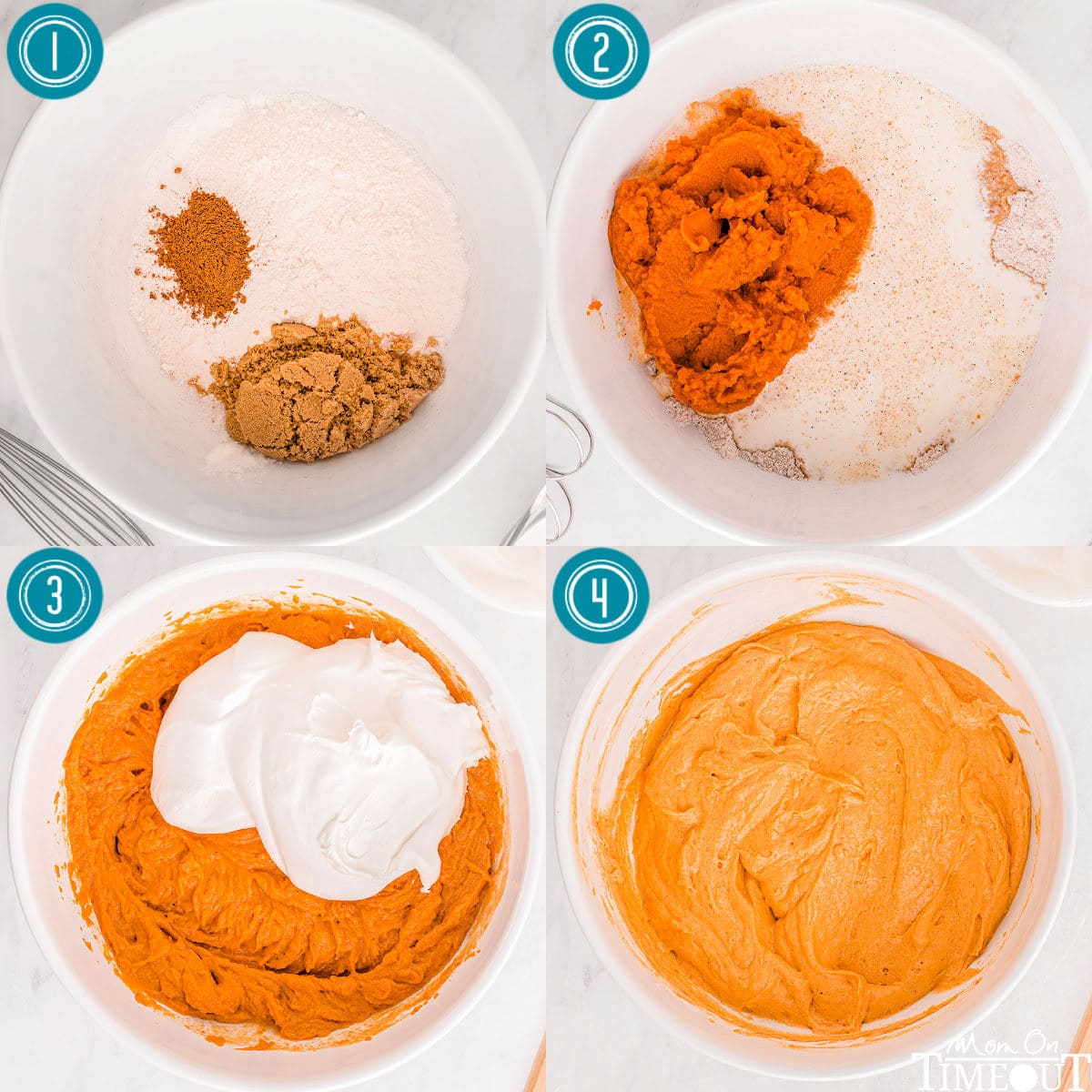 four image collage showing how to make pumpkin mousse.