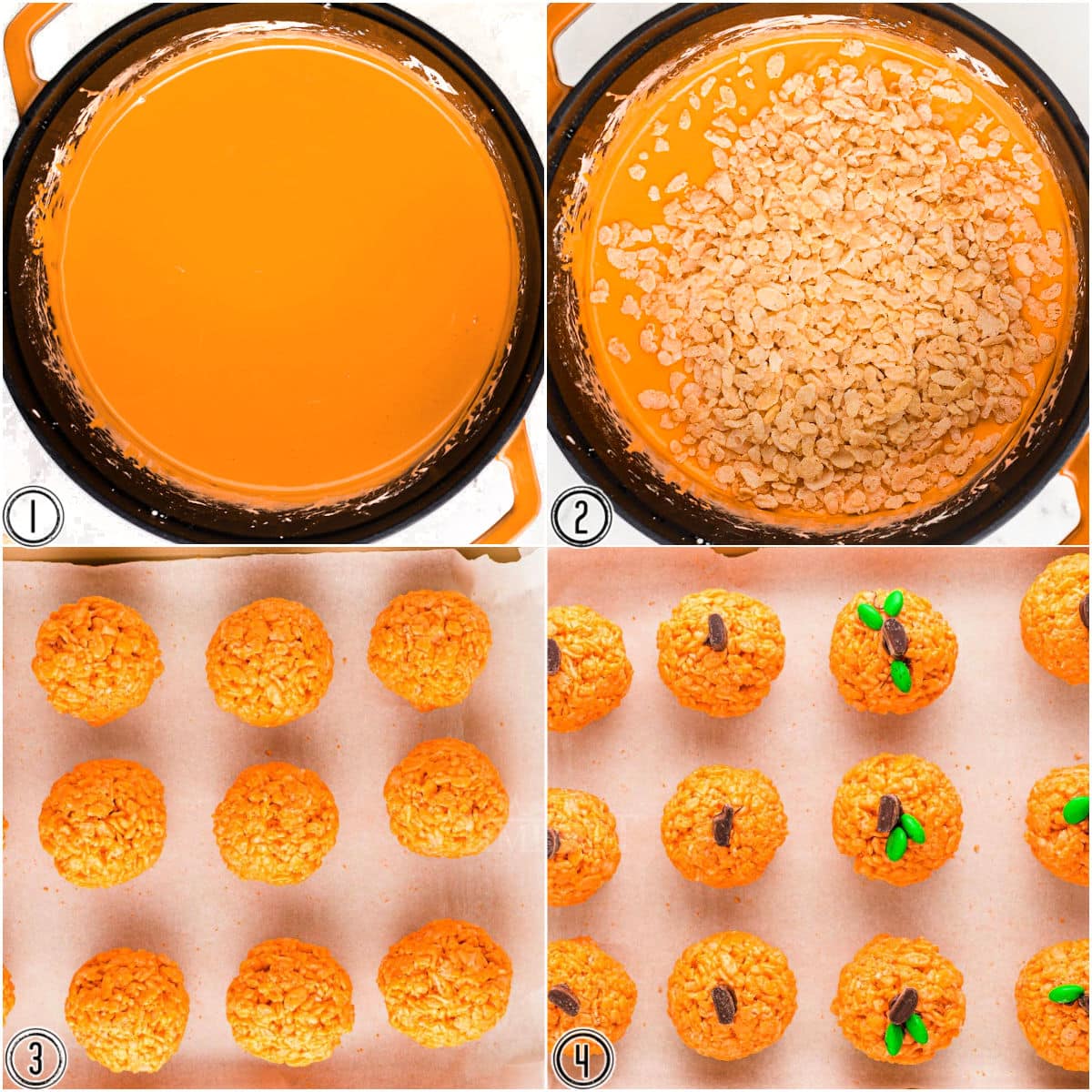 four image collage showing how to make pumpkin rice krispie treats step by step.