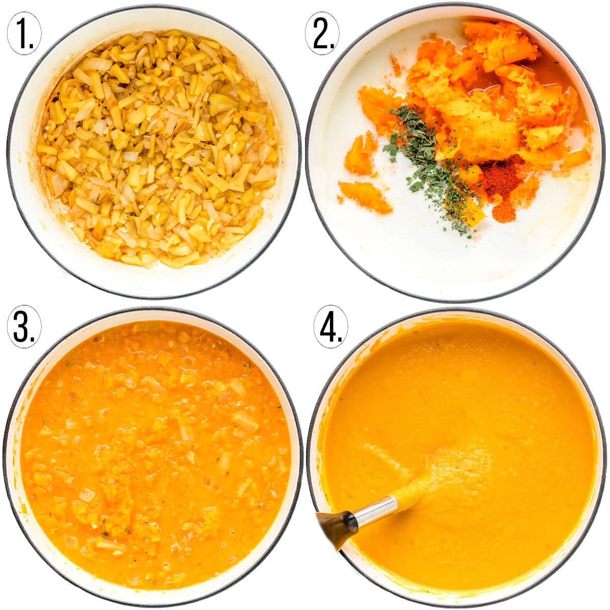 number four image collage showing step by step how to make roasted butternut squash soup.
