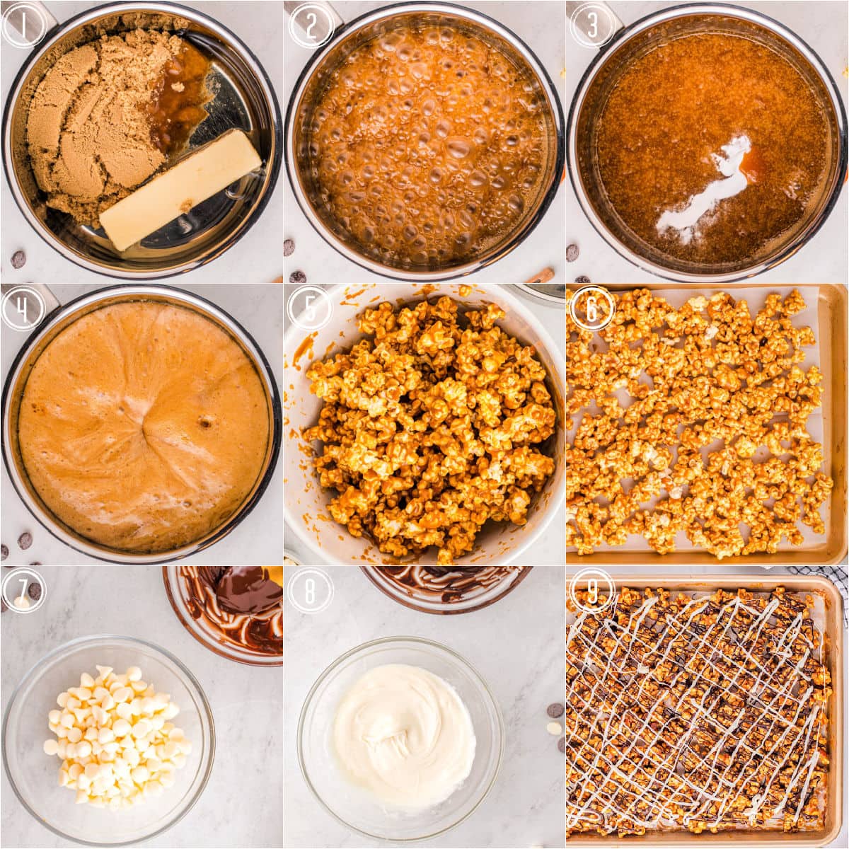 nine image collage showing how to make zebra popcorn step by step.