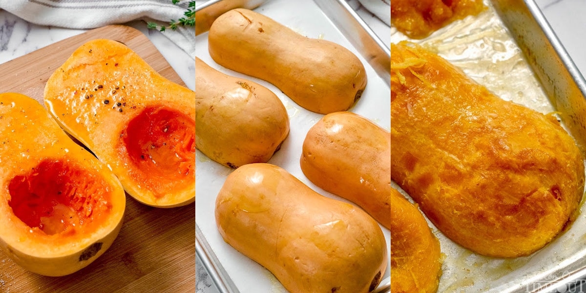 three image collage showing how to roast butternut squash.