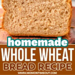 two image collage showing a loaf of whole wheat bread with a few slices cut off. bottom image is a top down shot of the bread on a wire cooling rack. center color block with text overlay.