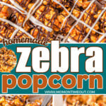 three image collage showing zebra popcorn on sheet pan, in a bowl and scoop. homemade caramel corn topped with dark and white chocolate chips. center color block with text overlay.