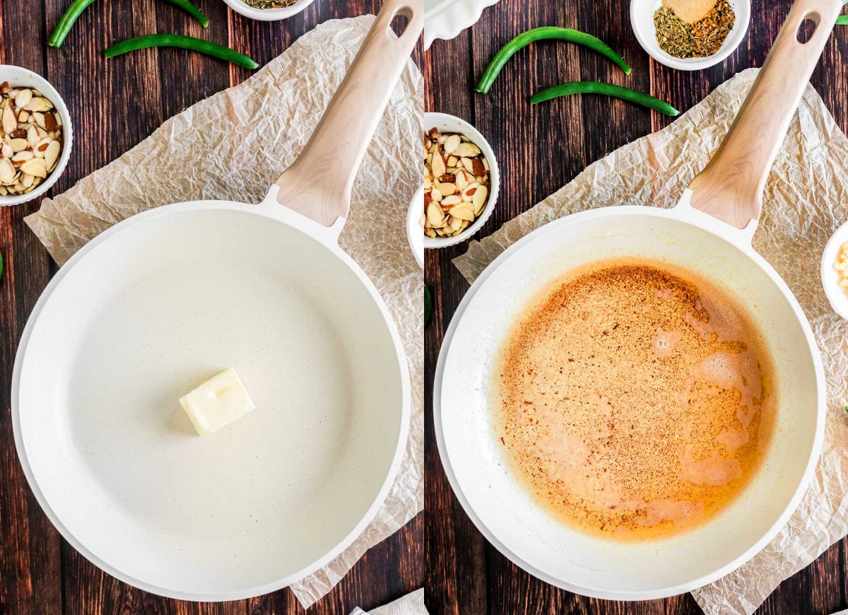 two image collage showing how to brown butter in white skillet.