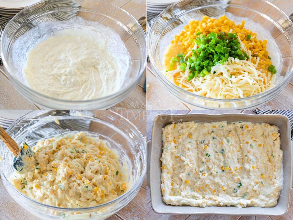 four image collage showing how to make corn casserole recipe with step by step images.