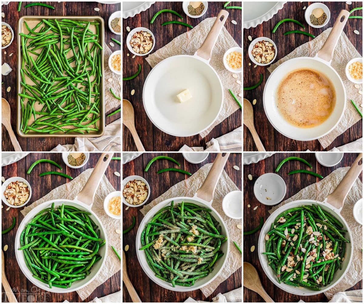 six image collage showing how to make garlic green beans step by step.