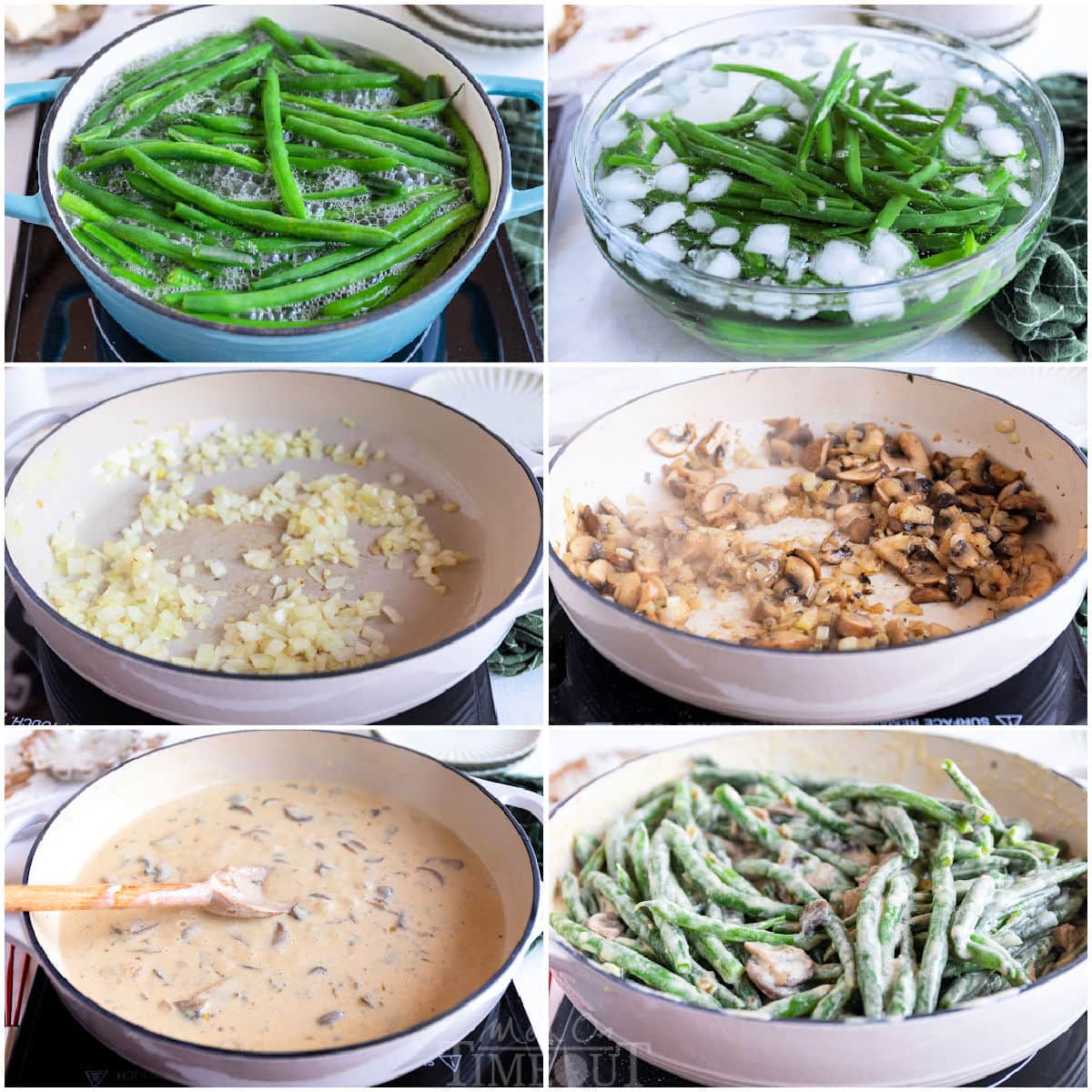 six image collage showing how to make green bean casserole from scratch with step by step process photos.
