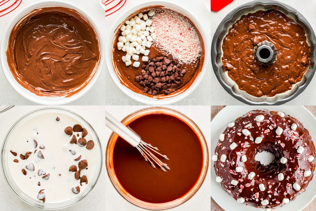 six image collage showing how to assemble and decorate the peppermint hot chocolate cake.
