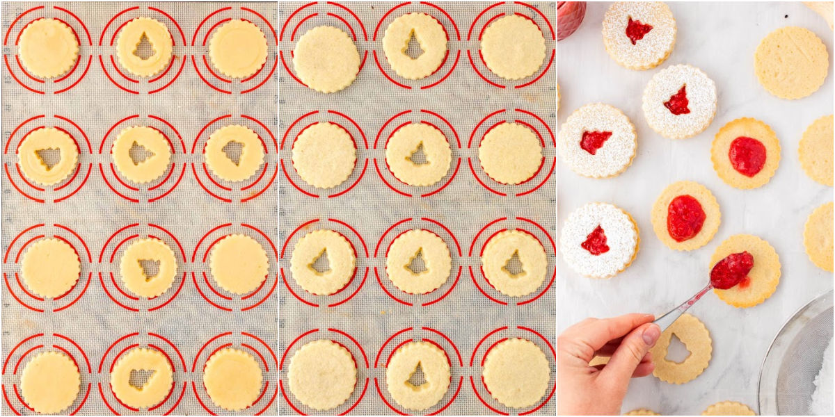 three image collage showing how to bake and assemble linzer cookies.