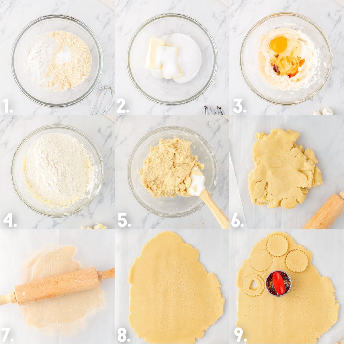 nine image collage showing step by step how to make linzer cookies including cutting them out.