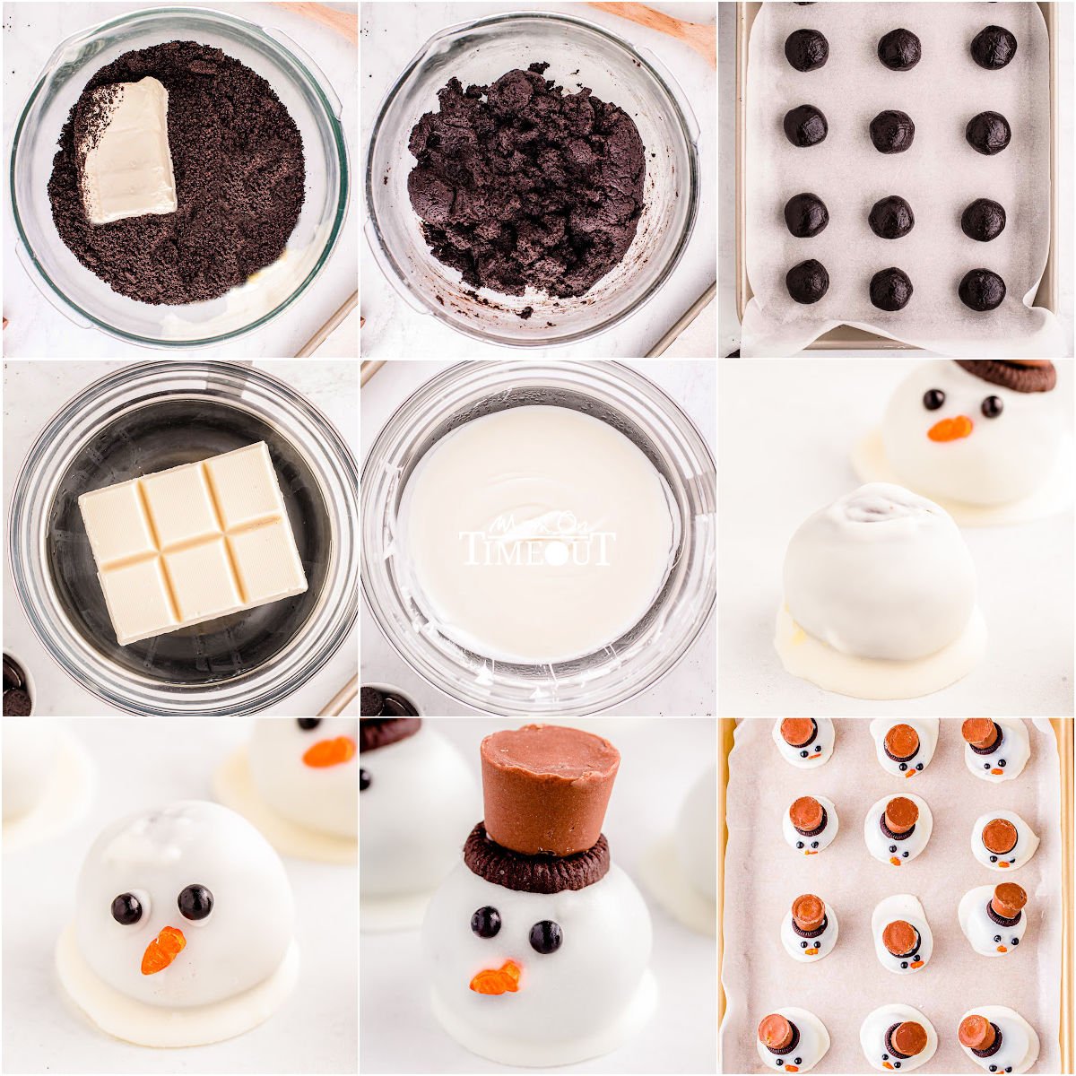 nine image collage showing how to make snowman oreo balls.