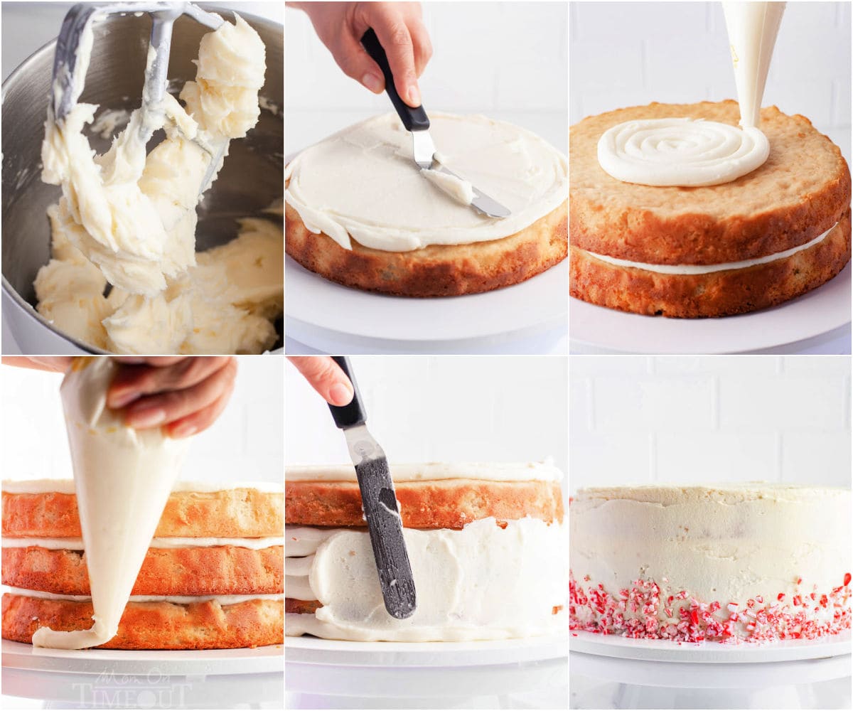 six image collage showing how to assemble and frost a peppermint layered cake with peppermint frosting.