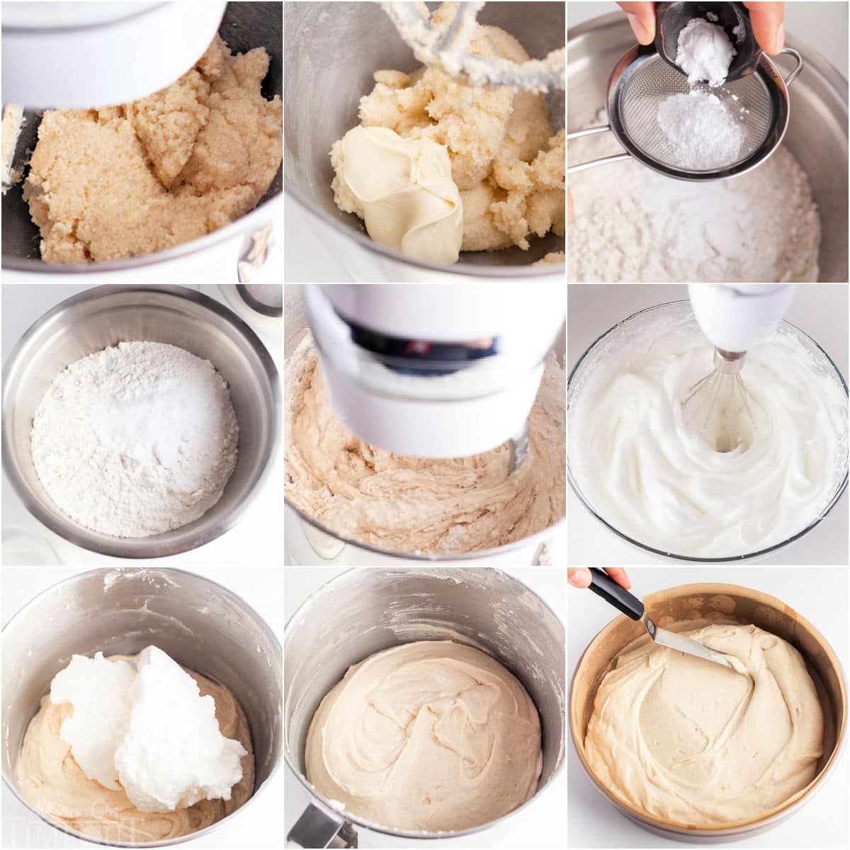nine image collage showing how to make peppermint cake.