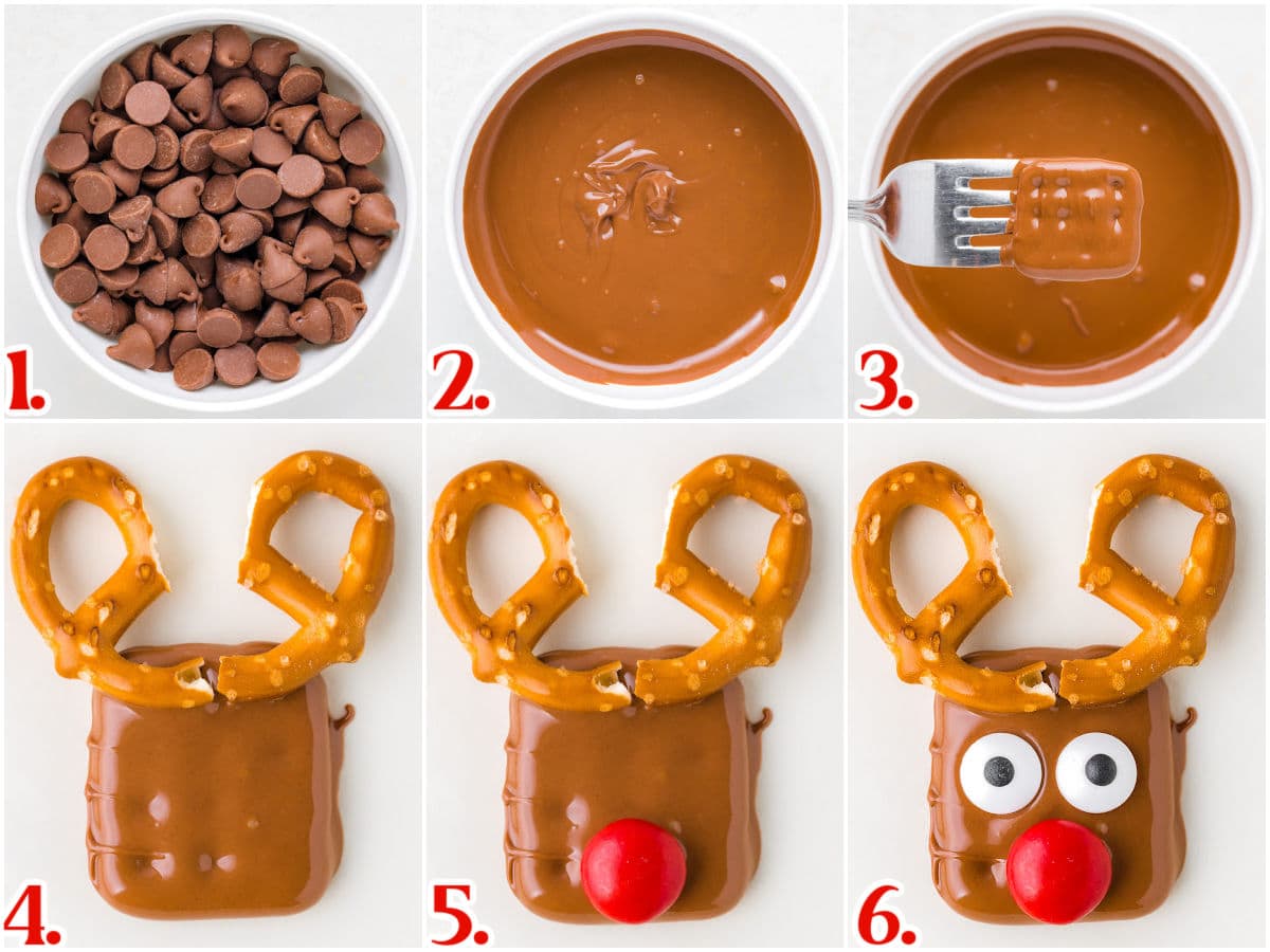 six image collage showing how to assemble pretzel reindeer with step by step images.