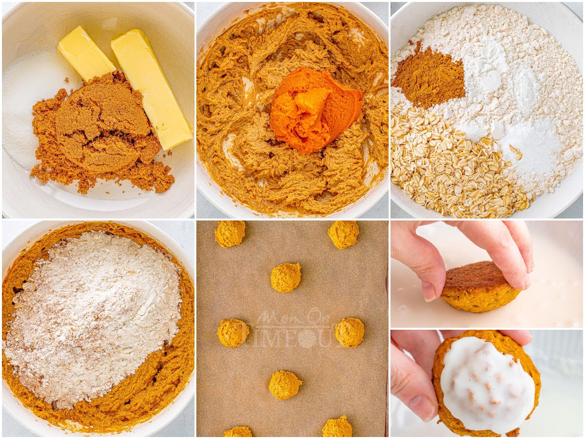 seven image collage showing how to pumpkin oatmeal cookies step by step including icing the cookies.