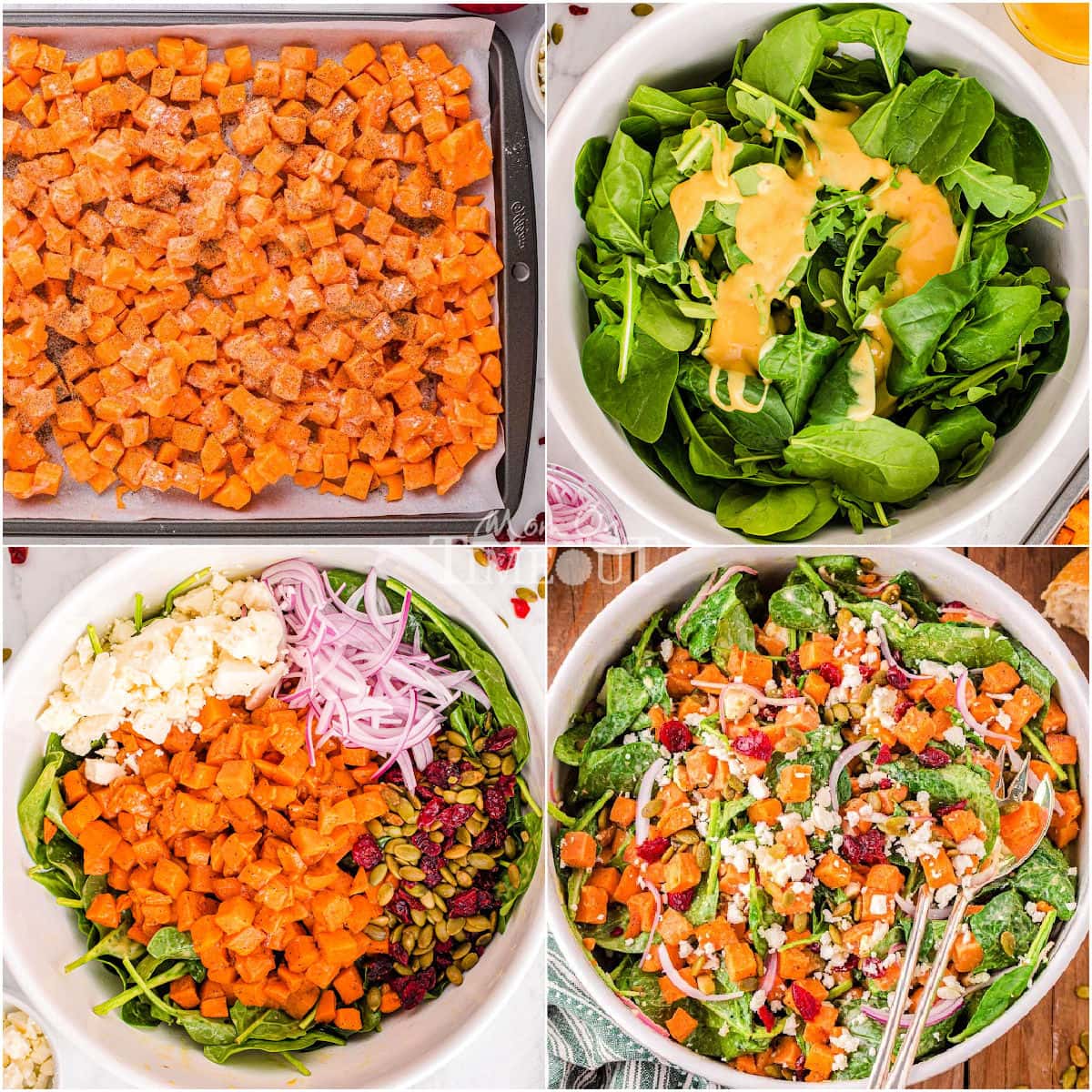 four image collage showing how to assemble sweet potato salad.