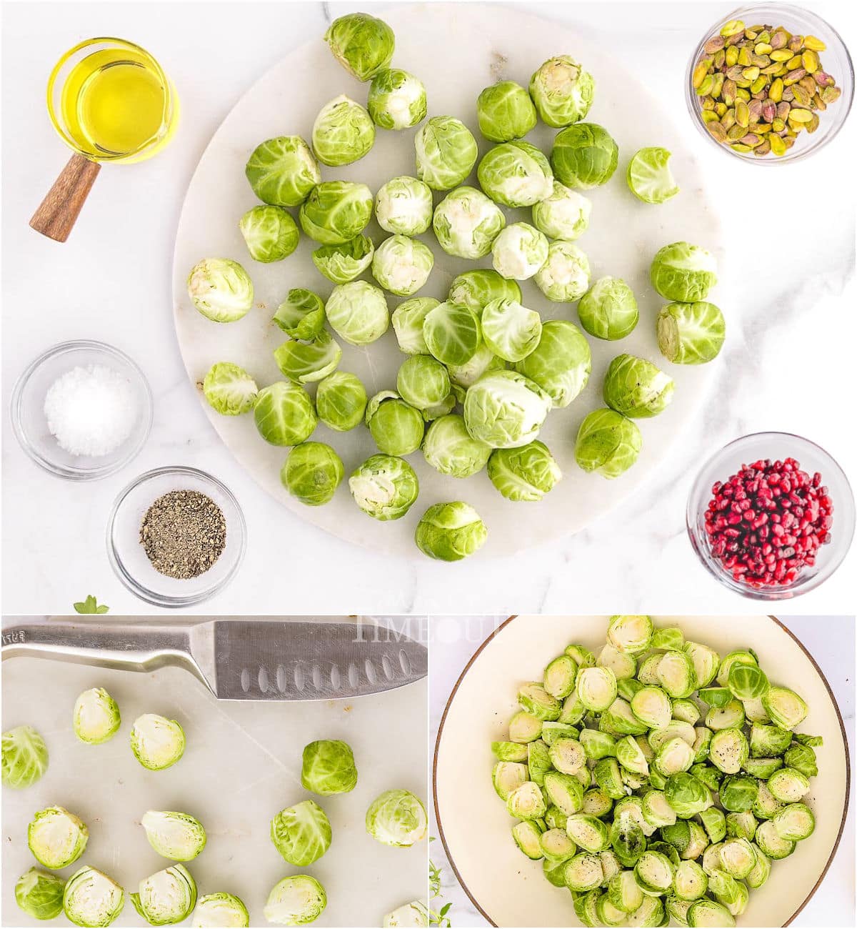 three image collage showing how to roast brussels sprouts step by step.