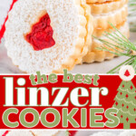three image collage showing linzer cookies with raspberry jam filling and a dusting of powdered sugar. showin in a stack, on a plate and on white parchment paper. center color block with text overlay.
