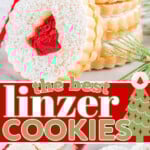 three image collage showing linzer cookies with raspberry jam filling and a dusting of powdered sugar. showin in a stack, on a plate and on white parchment paper. center color block with text overlay.