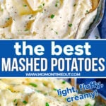 two image collages showing fluffy mashed potatoes in a blue and green serving bowl topped with butter and fresh chopped parsley. center color block with text overlay.
