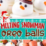 three image collage showing melting snowman oreo balls on a white plate, in a holiday box and one that has been bit in half. center color block with text overlay.