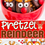 three image collage of pretzel reindeer no bake treats in a red bowl, on a white plate and being held up over a sheet tray. center color block with text overlay.