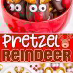 three image collage of pretzel reindeer no bake treats in a red bowl, on a white plate and being held up over a sheet tray. center color block with text overlay.