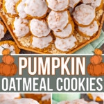 three image collage showing iced pumpkin oatmeal cookies on large wood serving board. one image shows a cookie with a bite taken. center color block with text overlay and pumpkin graphics.