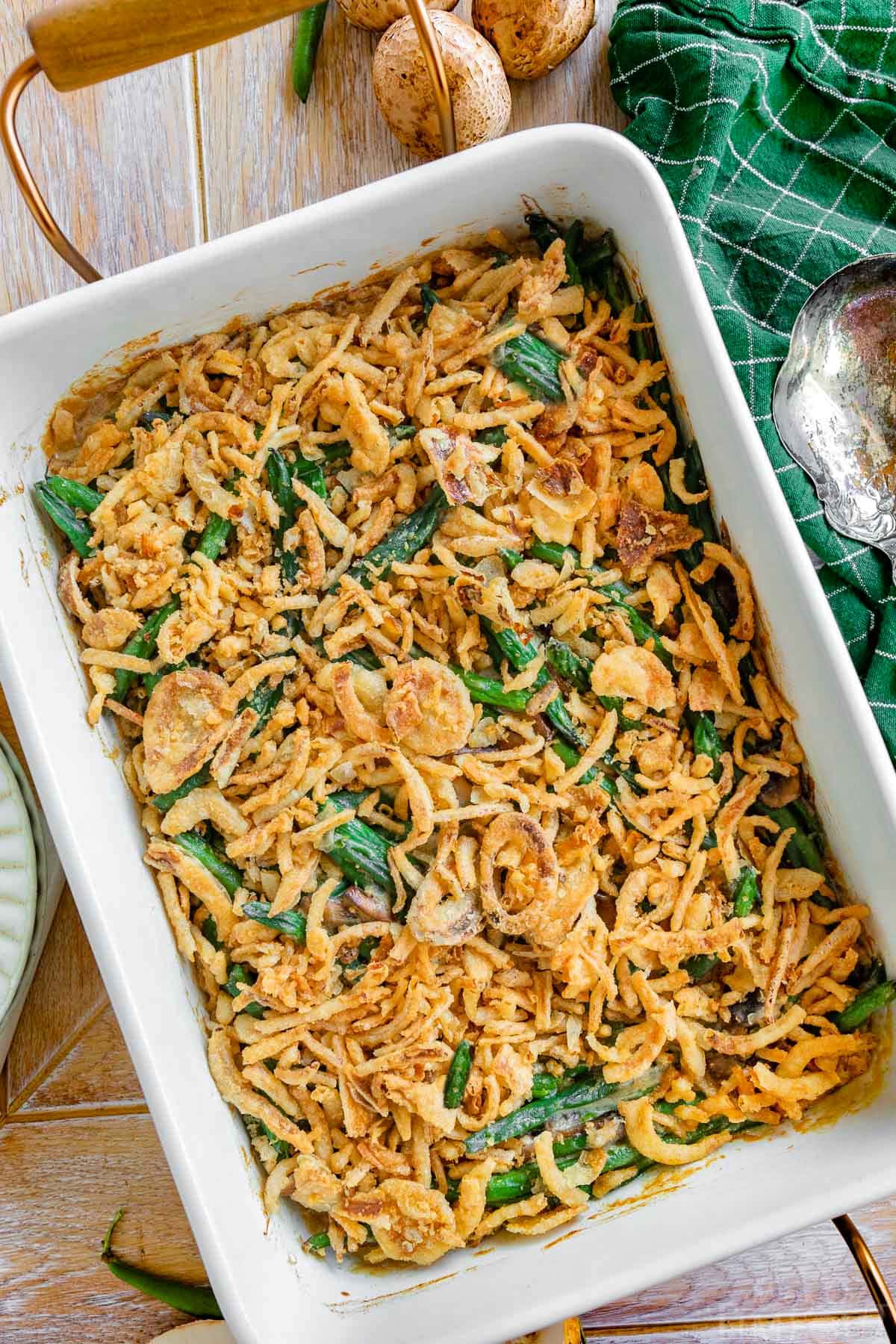 top down look at green bean casserole in baking dish ready to enjoy.
