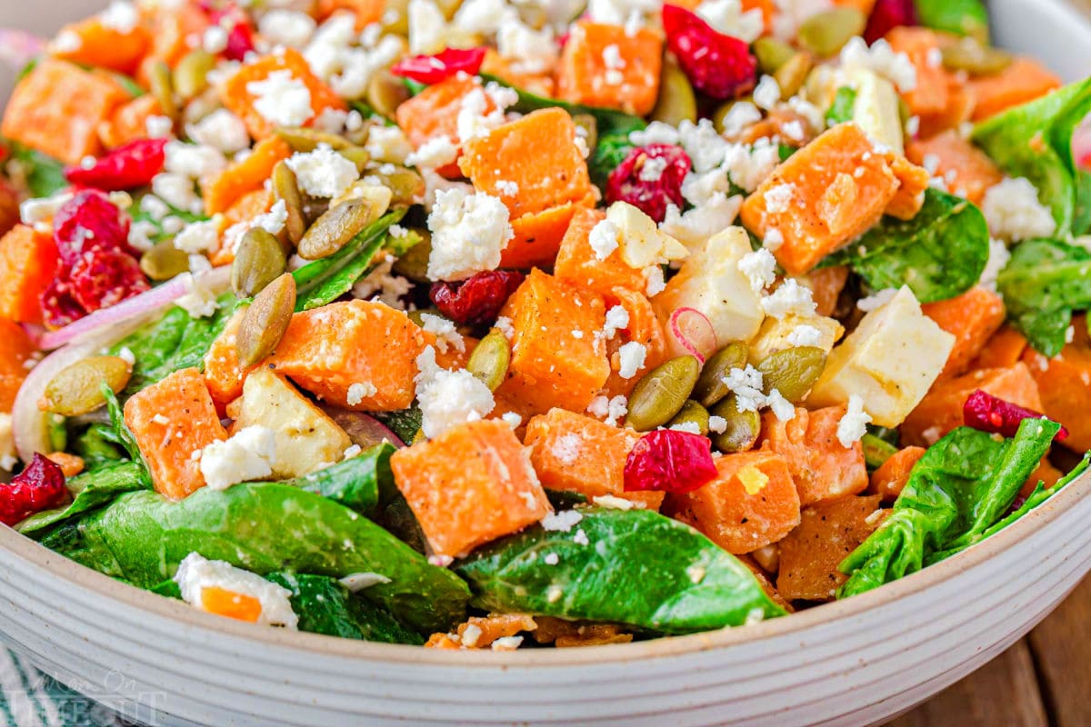 super close up look at the ingredients in the assembled sweet potato salad.