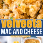 three image collage of velveeta mac and cheese recipe. one in baking dish, one as a spoonful and another showing the mac and cheese scooped out of the baking dish. center color block with text overlay.
