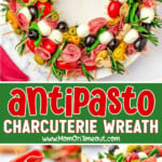 three image collage showing charcuterie wreath made with antipasto. one skewer is being held up over a plate and the other two images show a close up of the wreath and a top down view. center color block with text overlay.