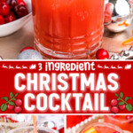 this image collage of a cranberry christmas cocktail in a short glass being poured, held in a hand and garnished with orange slices and fresh cranberries. center color block with text overlay.