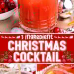 this image collage of a cranberry christmas cocktail in a short glass being poured, held in a hand and garnished with orange slices and fresh cranberries. center color block with text overlay.