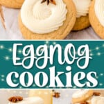 three image collage of eggnog cookies on cutting board and stacked. cookies are frosted with eggnog frosting. center color block with text overlay.