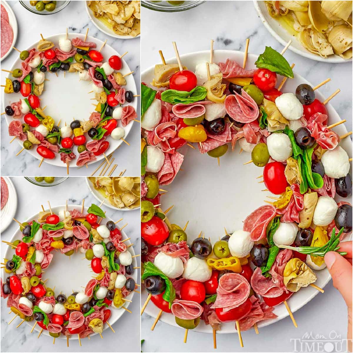 three image collage showing how to create an antipasto charcuterie wreath.