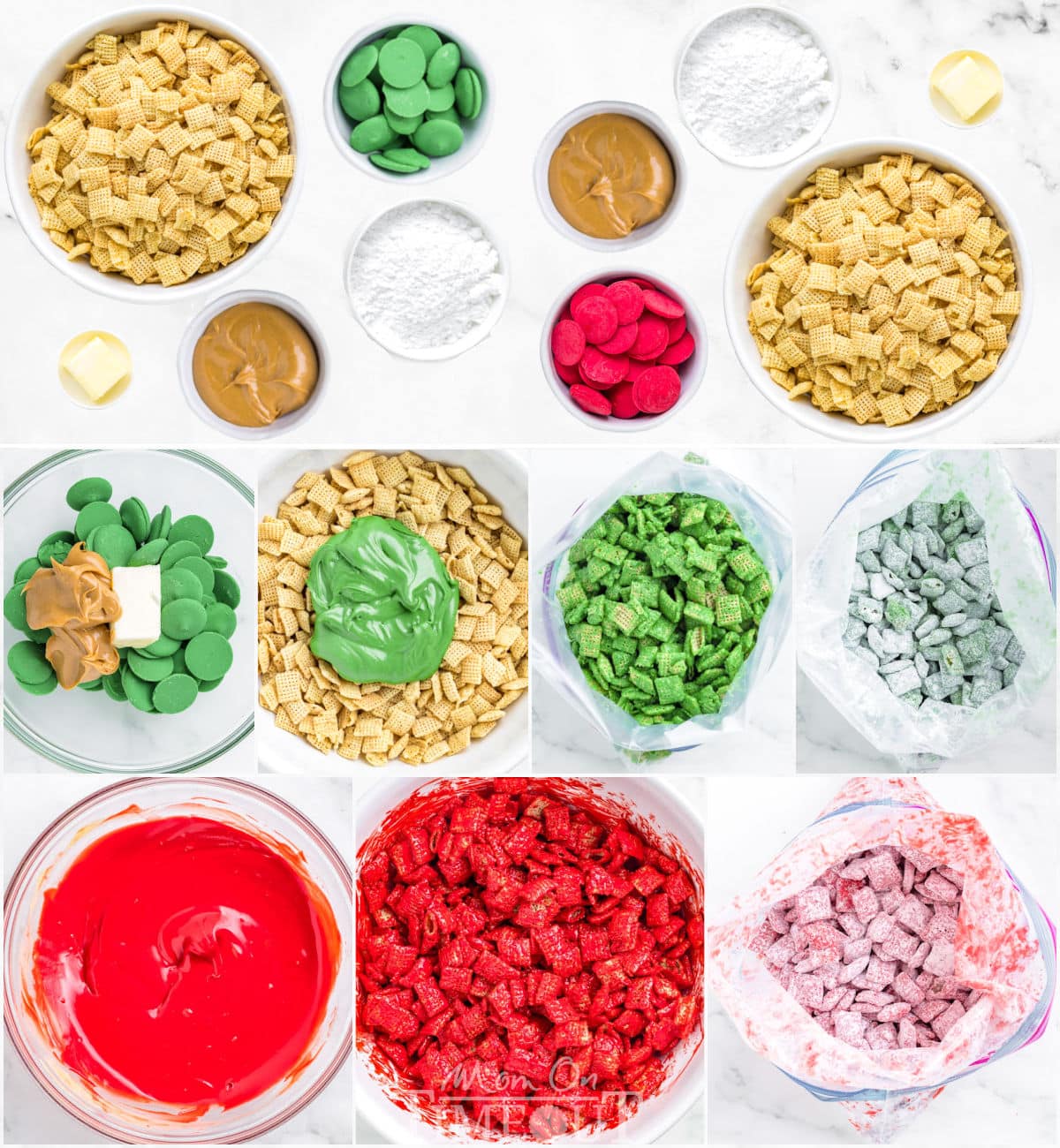 eight image collage showing christmas puppy chow ingredients and how to make it step by step.