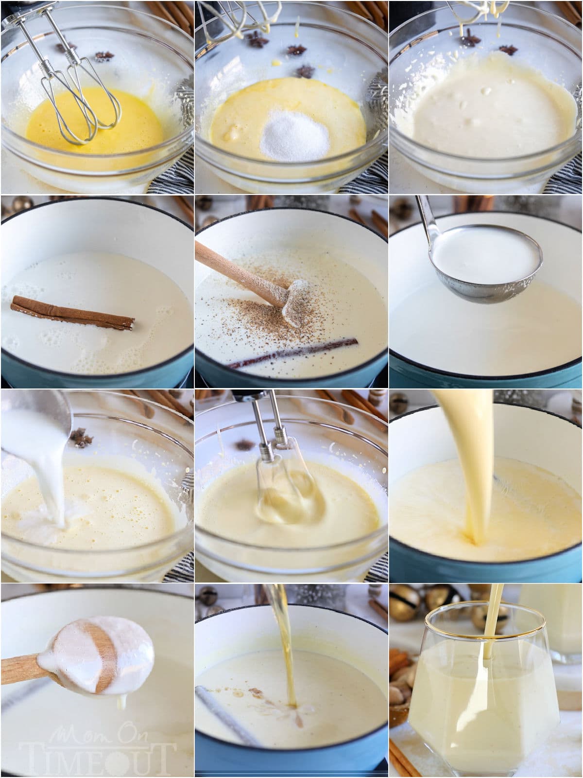 twelve image collage showing how to make homemade eggnog step by step.