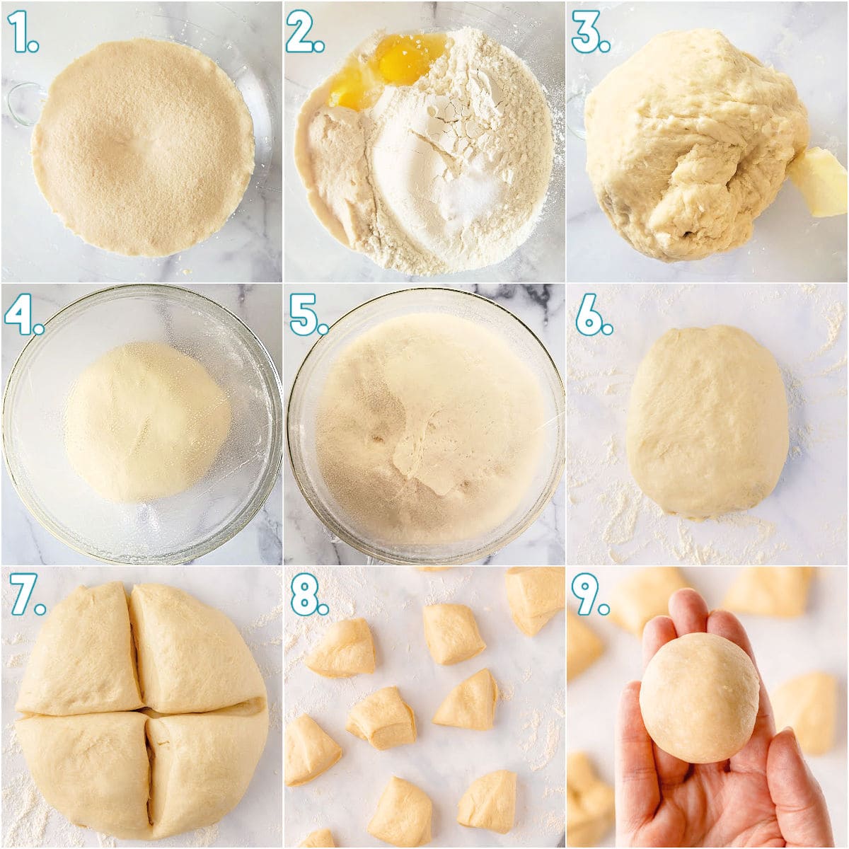 nine image collage showing how to make the jelly donut dough and form it into balls with step by step photos.