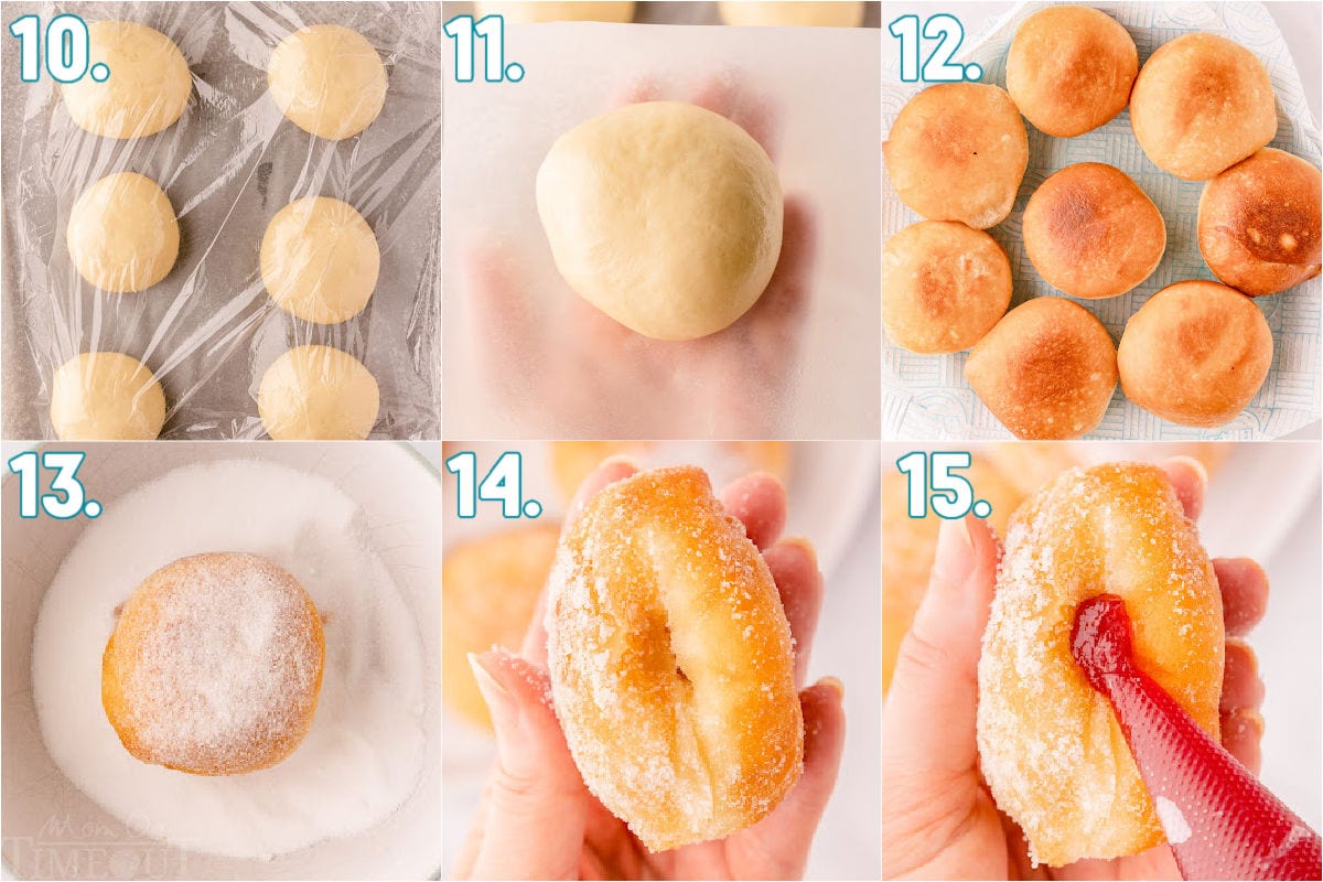 six image collage showing how to fry donuts and fill them with jelly.