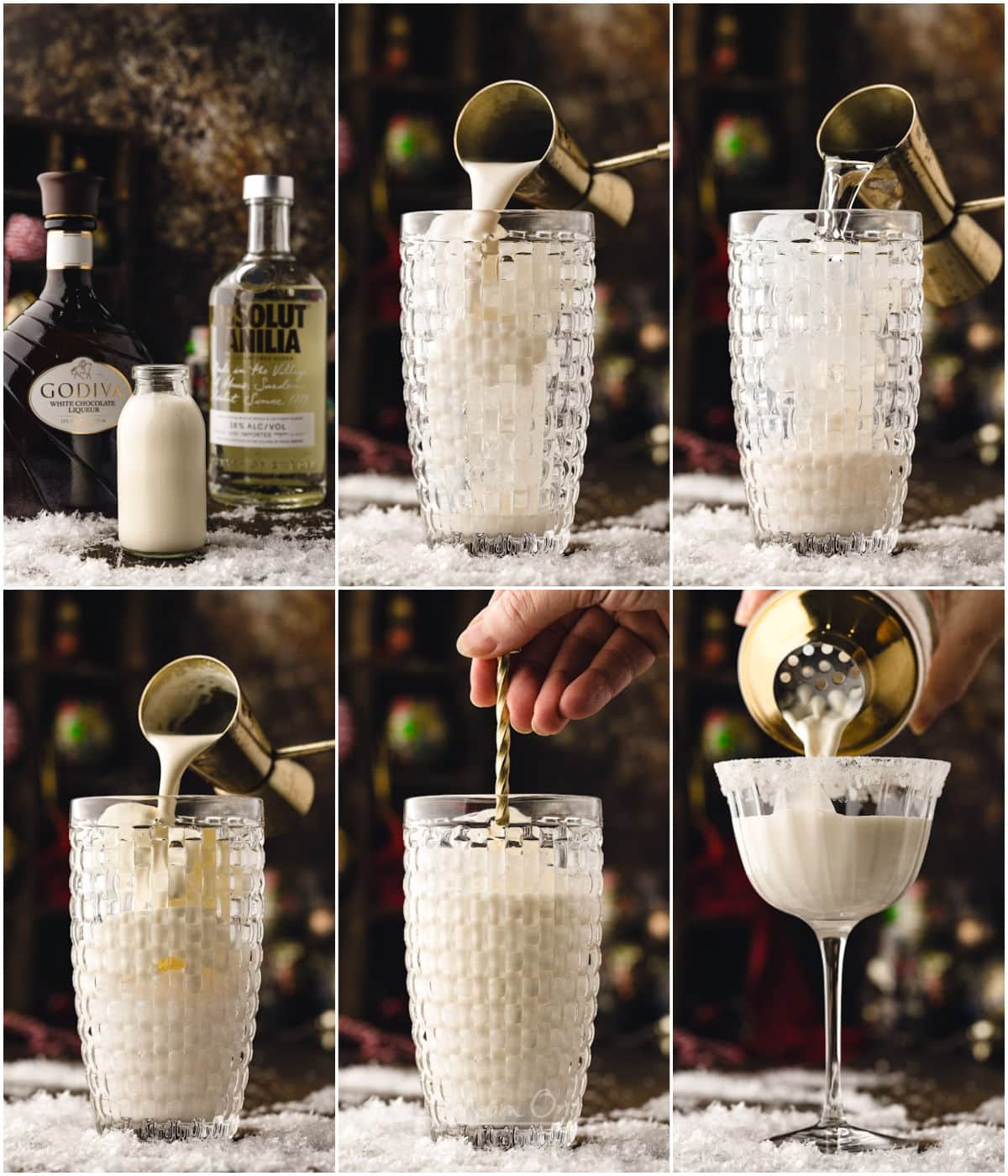 six image collage showing how to make a white chocolate martini.