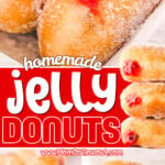 three image collage showing jelly donut recipe. the images show the donuts stacked, being filled with jelly and in a parchment line container. center color block with text overlay.