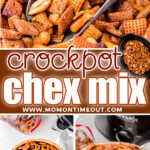 three image collage showing crockpot chex mix in a bowl with a metal scoop in the bowl. center color block with text overlay.