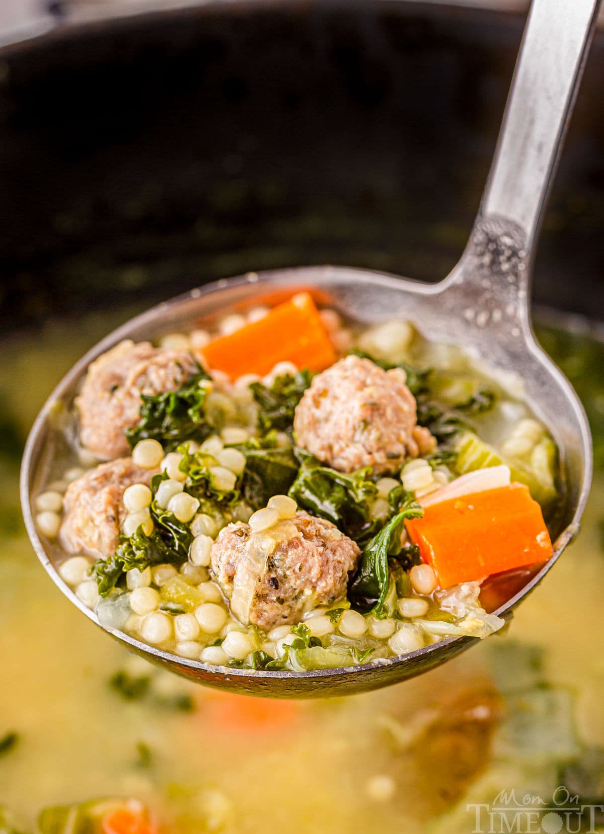 ladle full of italian wedding soup in a dutch oven filled with more soup.
