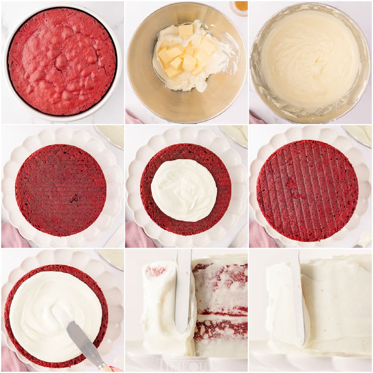 nine image collage showing how to make cream cheese frosting and frost red velvet cake.