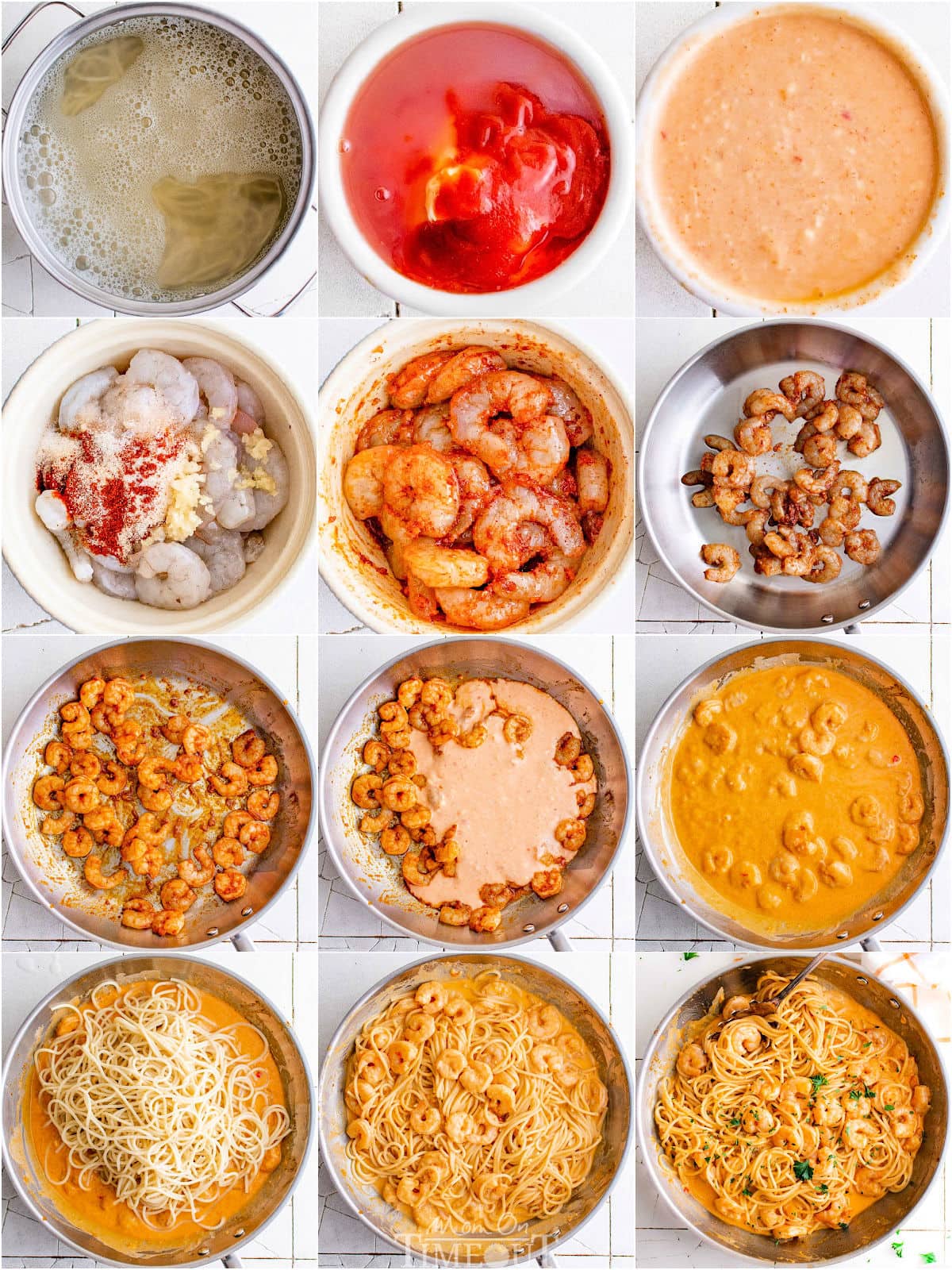 twelve image collage showing how to make bang bang shrimp pasta step by step.