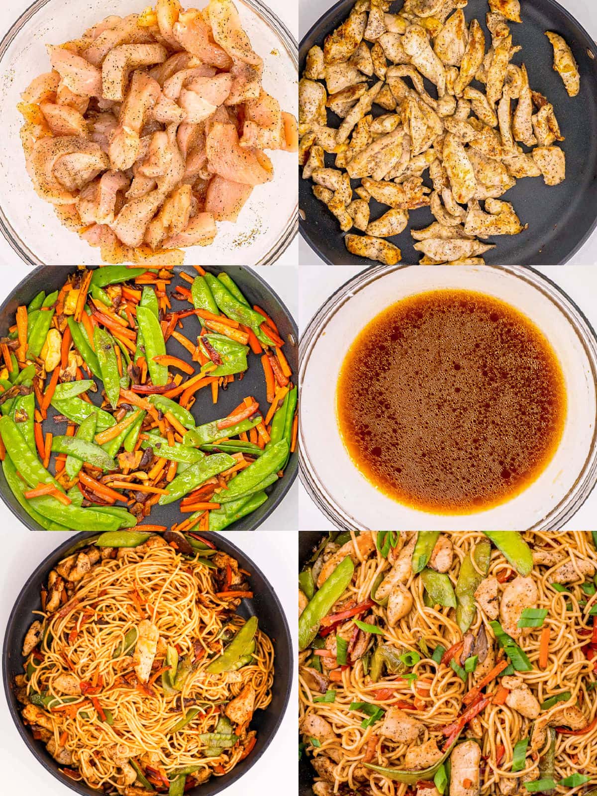 six image collage how to make chicken lo mein at home.